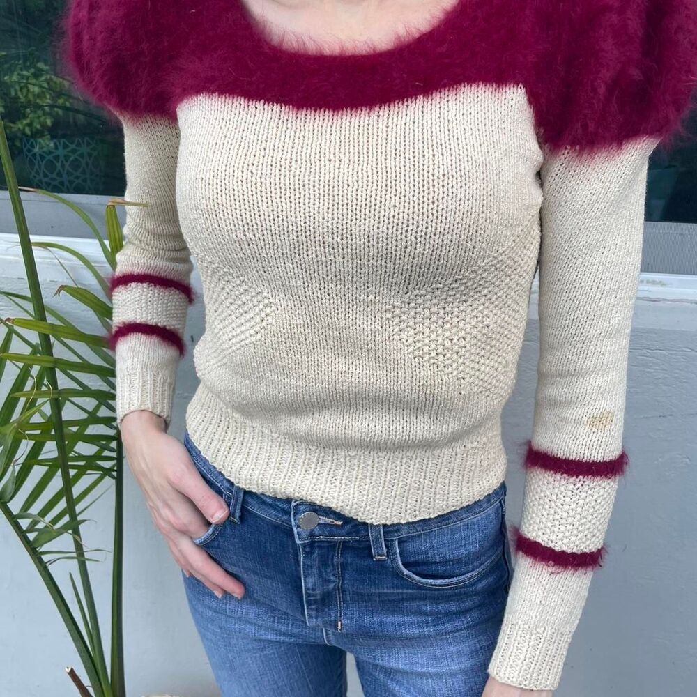 Hand Knit Beige/Maroon Angora Sweater